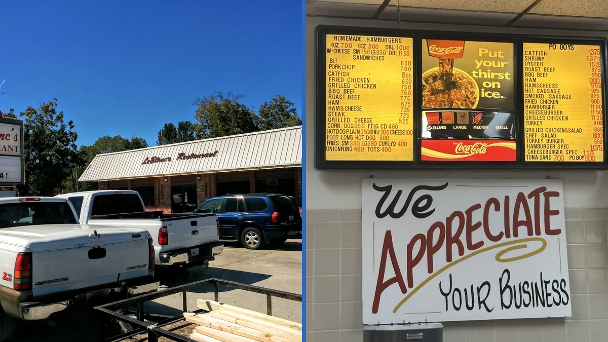 Drive-in restaurant exterior with parking spaces.