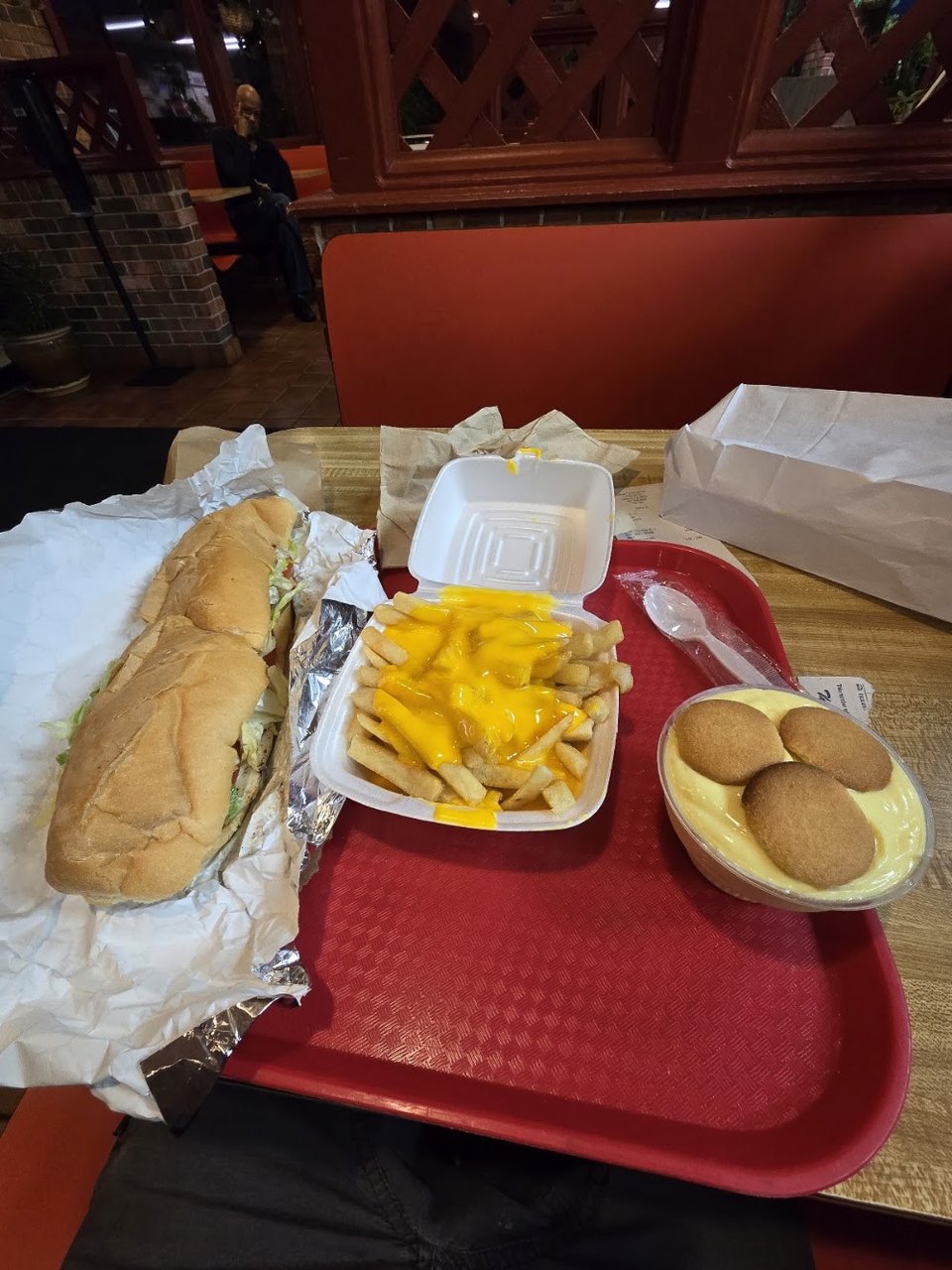 Chicken PO Boy Cheese Fries Banana Pudding
